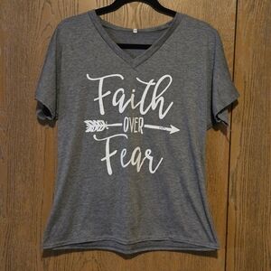 Gray V-Neck T-Shirt with Faith Over Fear Print